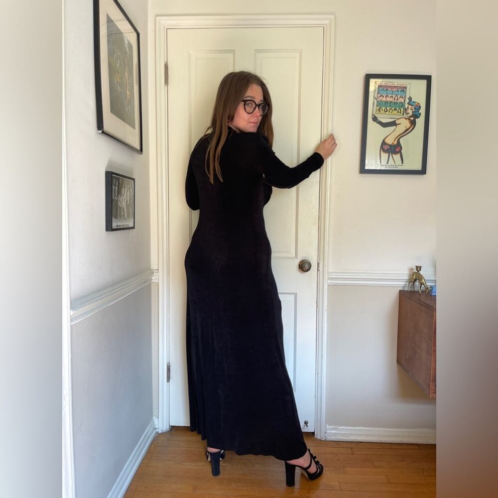 90s Vintage Slinky Black Stretch Long Sleeve Maxi Dress - Picture 2 of 14